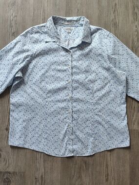 L.L. Bean Wrinkle-Free Women 1X Blue Floral 3/4 Sleeve Oxford Button Down Blouse